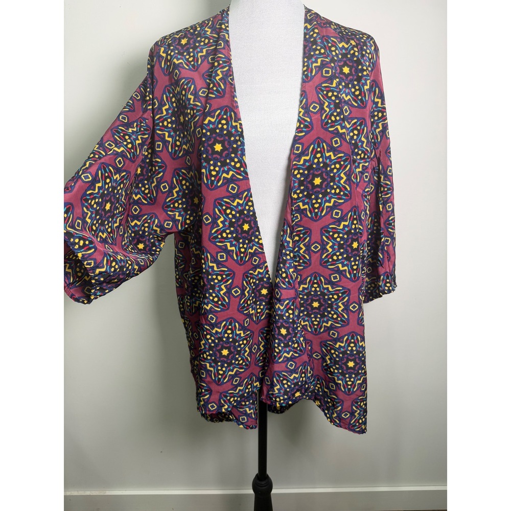 LuLaRoe Joy Longline Medium Burgundy Geometric Kaleidoscope Open Front Duster